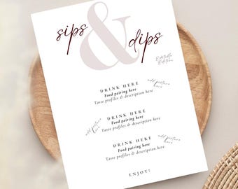 Sips and Dips Editable Edition I Editable Template I Food pairing I Drink pairing I Printable Template I Dinner party