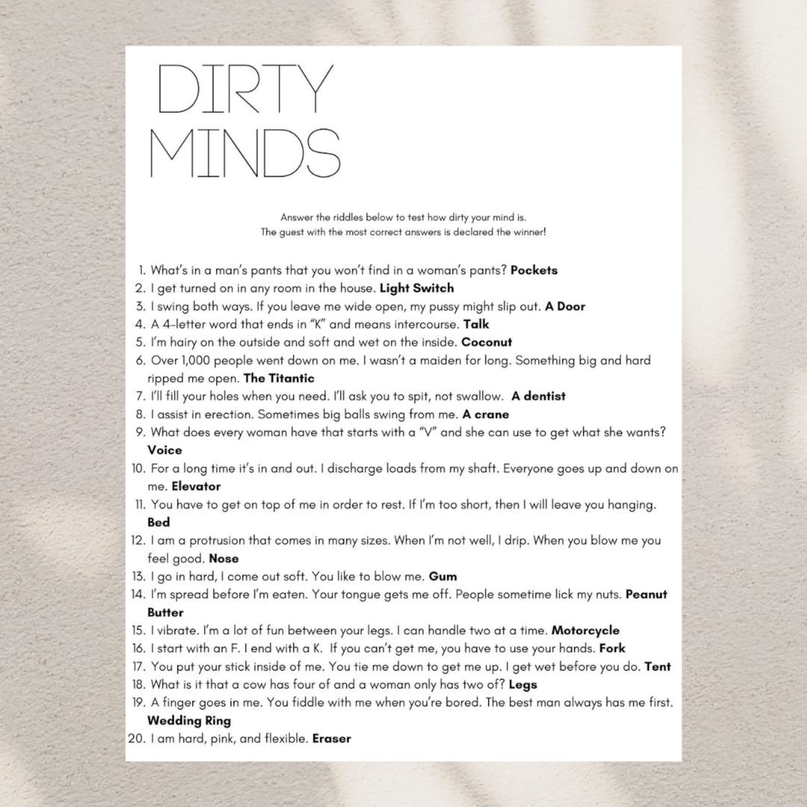 Dirty Minds Game Dirty Minds Card Printable Bachelorette Party