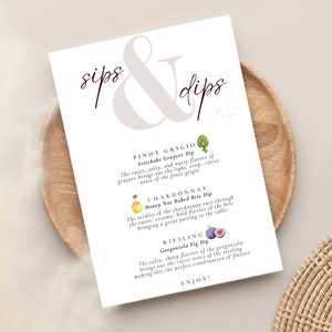 Wine Dinner Menu | Wine Dinner Menu Printable | Wine Dinner Card | Wine Dinner Party | Sips & Dips Menu | White Wine Dinner Party