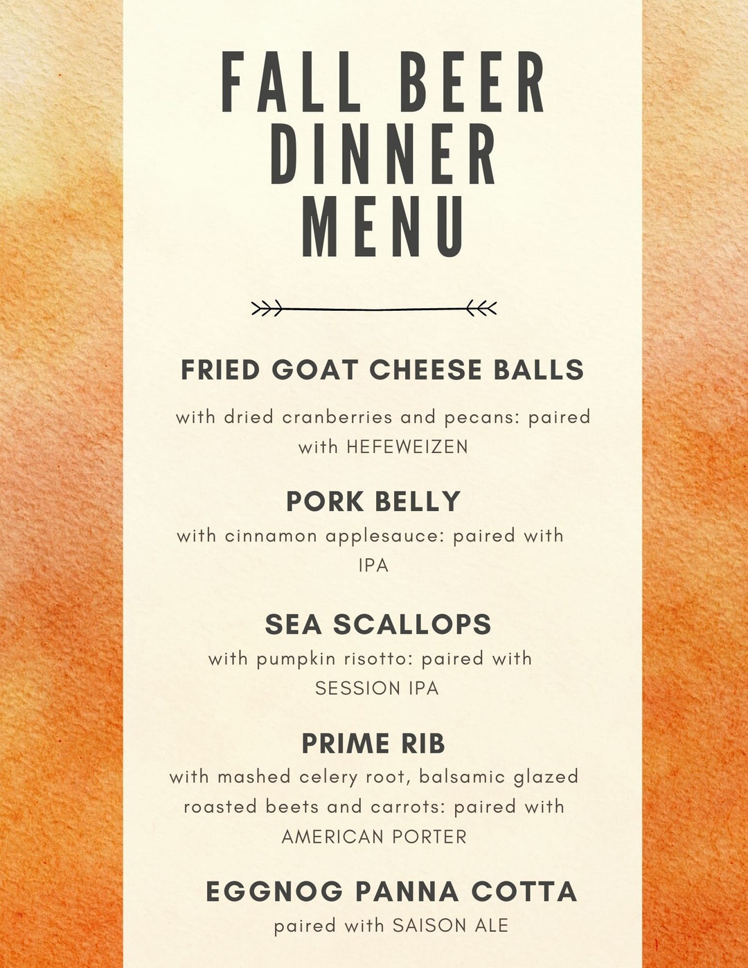 Beer Dinner Menu Beer Dinner Menu Printable Beer Dinner Etsy