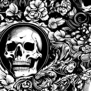 May include: Black and white illustration of two skulls surrounded by intricate floral designs. The skulls have detailed features and are set against a dark background.