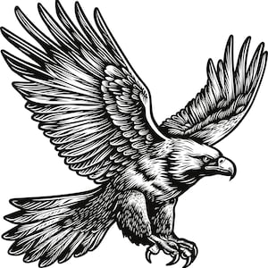 May include: A black and white illustration of an eagle in flight with its wings spread wide. The eagle's head is turned to the side, and its talons are extended.