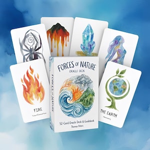 May include: A Forces of Nature oracle deck box with 52 cards and a guidebook by Thomas Peters. The box features a watercolour illustration of a sun, sea, and mountains. Six individual cards surround the box, displaying watercolour art of fire, a spider, a volcano, a crystal, a figure, and the earth.