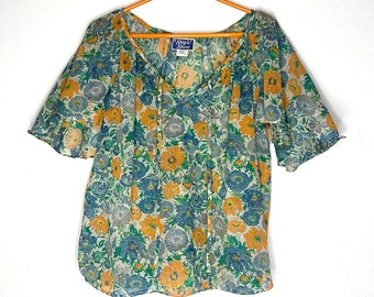 70s Orange and Blue Floral Flowy Boho Top