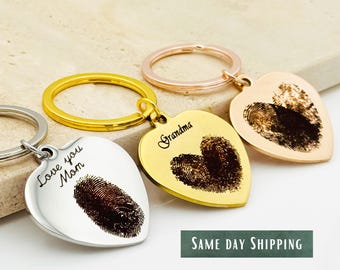 Heart Fingerprint Keychain, Deep Laser Engraved Stainless Steel, Memorial Keepsake