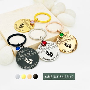 Personalized Baby Stats Keychain • Birthstone, Engraved Stainless Steel