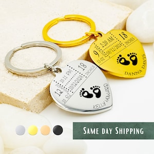 Newborn Baby Heart Keychain • Stats Keychain • New Mom Keychain Gift • Handwriting Engraving • Baby Stats Keychain • Gift For Boyfriend