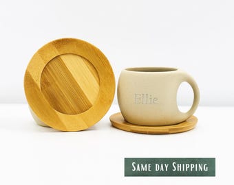 Personalized Espresso Mug with Bamboo Tray, Rustic Stoneware Coffee Mug