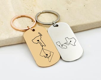 Personalized State Keychain Set, Stainless Steel, Long Distance Gift