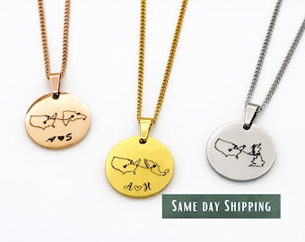 Personalized Map Necklace, State And Country, Long Distance Gift, Two Home Necklace