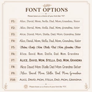 May include: A beige informational chart titled FONT OPTIONS displaying ten distinct typeface styles labeled F1 through F10. Each row demonstrates the same list of names including Alice, David, Mom, Stella, Dad, Grandma, and Sister in various scripts.