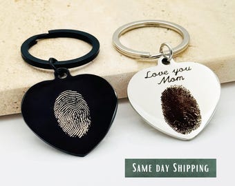 Personalized Heart Fingerprint Keychain, Deep Engraved Stainless Steel, Memorial Keepsake