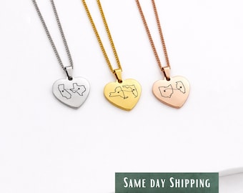 Heart Country and State Necklace, Personalized Long Distance Gift, Two Home Necklace