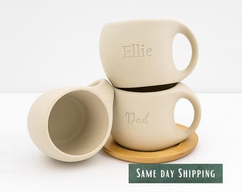 Personalized Ceramic Stoneware Coffee Mug, Rustic Espresso Mug with Bamboo Tray