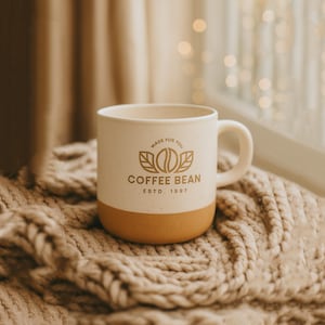 May include: A two-toned ceramic mug with a cream-colored upper section and a tan base. The front features a gold graphic of a coffee bean between two leaves, with the text "MADE FOR YOU", "COFFEE BEAN", and "ESTD. 1997" printed in gold lettering.