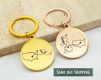 Engraved Country Keychain, Long Distance Gift, Stainless Steel