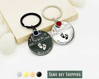 Llavero personalizado con datos del recién nacido • Regalo para mamá en acero inoxidable con piedra natal