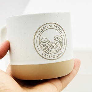 May include: White ceramic mug with a tan base and handle. The mug features a circular design with the words "Ocean Surfing California" around a wave graphic. The mug is held in a hand.