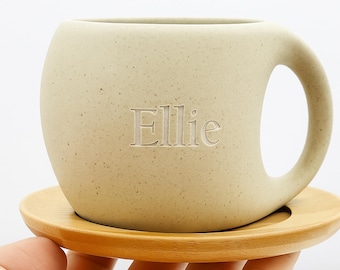 Personalized Stoneware Coffee Mug with Bamboo Tray, 8.5oz Rustic Mug