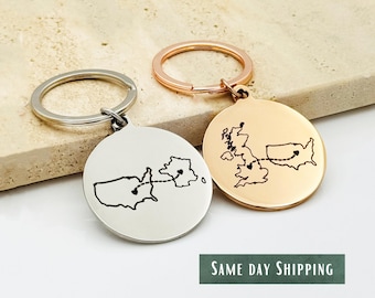 Engraved State Keychain, Long Distance Gift, Stainless Steel Couple Keychain