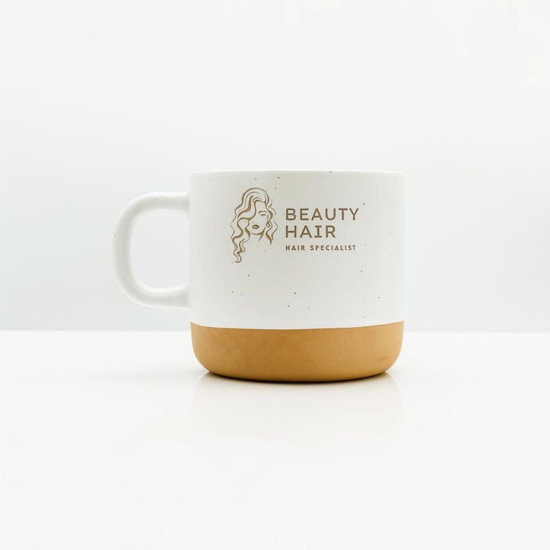 May include: A white ceramic mug with a speckled finish and a tan base. The front features a brown line-art illustration of a person with wavy hair next to the brown text BEAUTY HAIR HAIR SPECIALIST. The mug has a curved handle on the left side.