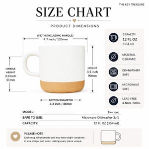 May include: A white speckled ceramic mug with a tan base. The size chart indicates a 12 fl oz capacity, a 4.7 inch width including the handle, a 3.5 inch height, a 2.0 inch handle height, and a 3.4 inch bottom diameter. It is microwave and dishwasher safe.