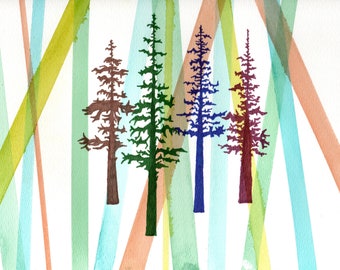 Original artwork, Watercolor / Ink Painting "FOUR", Ink sketch, Geometric / Abstract Watercolor, Pine Trees, art, Theo Tams