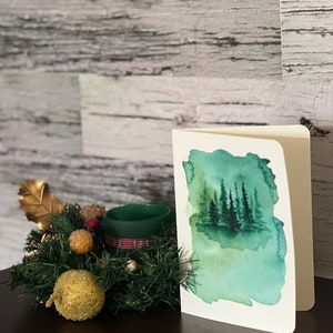 Originele aquarel kerstkaarten, handgeschilderde kerstkaarten, Mistig bos, originele kunst, Theo Tams, kerstcadeaus