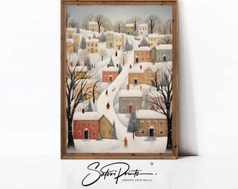 Winter Village Art Print - Vintage Christmas Village Digital Art - Snowy Town Home Decor