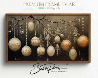 Festive Holiday Scene Art Print | TV Frame, White & Gold Ornaments