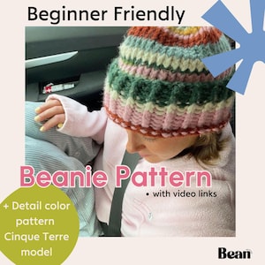 Knitting Pattern Chunky Scrap Yarn Beanie Digital Download  Video Link Beginner-Friendly Detailed Cinque Terre Bean Model *ENGLISH*