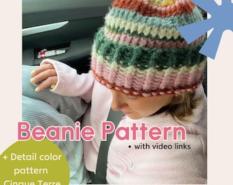 Knitting Pattern Chunky Scrap Yarn Beanie Digital Download Video Link Beginner-Friendly Detailed Cinque Terre Bean Model *ENGLISH*