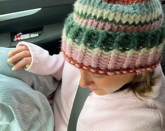 HandKnit Beanie - Colorful Warm & Chunky Yarn - Eclectic, Nature inspired, Chilly Seasons Essentials - Autumn and Winter