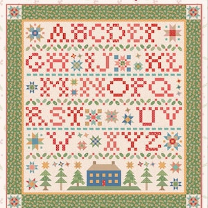 May include: A white and red cross-stitch sampler quilt pattern featuring the alphabet, stars, and a small house with trees. The quilt is surrounded by a green border with a floral pattern. The text "Home Town Holiday Sampler" is at the top of the quilt. The text "Designed by Lori Holt" and "Bee in my Bonnet Co." are at the bottom of the quilt.