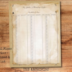 May include: A digital floss tracker print with a vintage aesthetic. The beige paper has a grid layout for inventory tracking, with the text "The Pitcher's Inventory Ledger" at the top. The words "Digital Floss Tracker Download & Print" are printed on the left.
