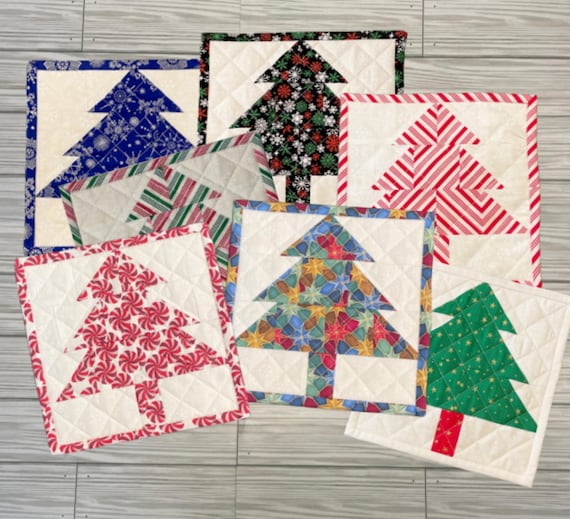 Quilted Christmas Tree Mug Rugs: Cotton Drink Coasters, Set of 2 or 4