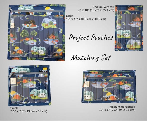 Set: Quilted Project Pouch with Vinyl Front for cross stitch, needlepoint, embroidery, Paper Piecing, quilt blocks, and small hand projects