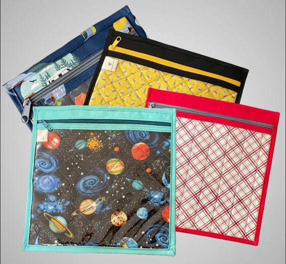 Large Quilted Project Pouch with Vinyl Front for cross stitch, needlepoint, embroidery, Paper Piecing, quilt blocks, and small hand projects