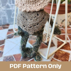 Peut inclure: Patron de crochet pour une adorable grenouille amigurumi portant un chapeau brun. La grenouille est assise sur une balançoire blanche. Modèle PDF uniquement.