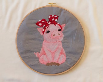 Haftowana świnia, dekoracja ścienna, projekt haftu maszynowego, unikalna sztuka ścienna, wzór haftu krzyżykowego,