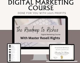 May include: An image advertising a digital marketing course. The text states "The ultimate DIGITAL MARKETING COURSE DONE FOR YOU WITH 100% PROFITS." A computer monitor, tablet, and laptop show course details and a "Master Resell Rights Certificate."