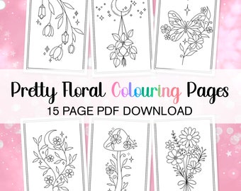 Paquete de páginas para colorear de flores bonitas, páginas para colorear modernas y estéticas, páginas para colorear de flores para adultos, mariposas.