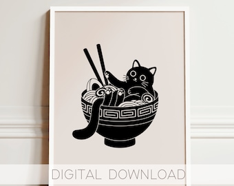 Printable Neko Ramen Digital Art, Cute Japanese Wall Art, Kawaii Digital Art Print, Cute Asian Inspired Art, Aesthetic Cat Digital Art