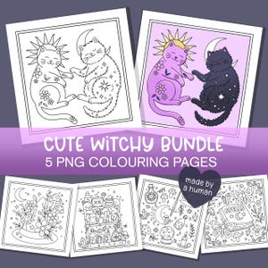 Puede incluir: Un conjunto de cinco p&aacute;ginas para colorear con temas de brujas. Los dise&ntilde;os incluyen gatos, lunas, soles y elementos m&aacute;gicos. El texto "CUTE WITCHY BUNDLE" y "5 PNG COLOURING PAGES" son visibles. Un coraz&oacute;n dice "made by a human".