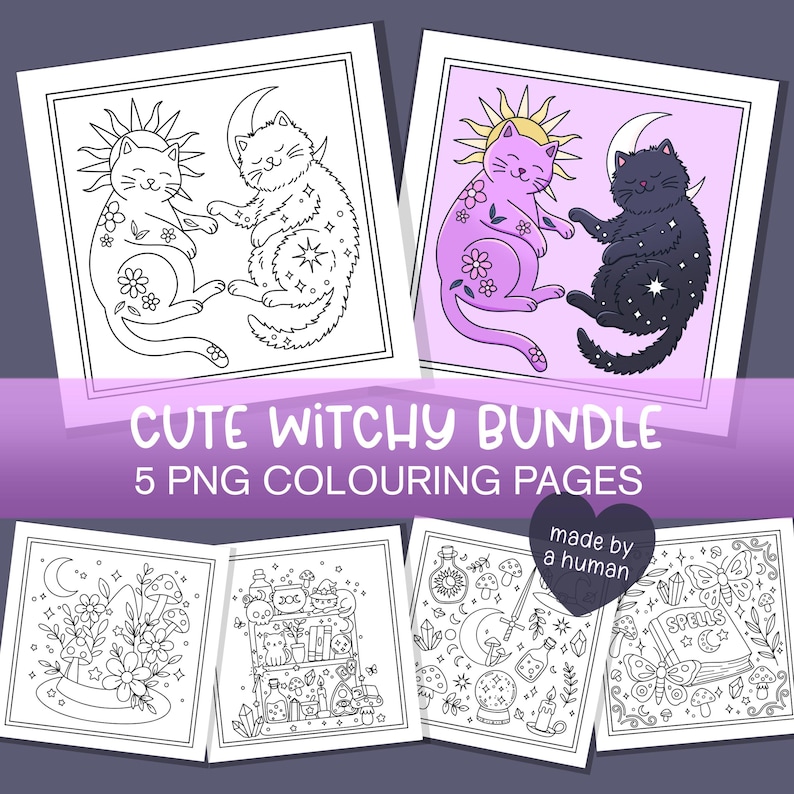 Puede incluir: Un conjunto de cinco p&aacute;ginas para colorear con temas de brujas. Los dise&ntilde;os incluyen gatos, lunas, soles y elementos m&aacute;gicos. El texto "CUTE WITCHY BUNDLE" y "5 PNG COLOURING PAGES" son visibles. Un coraz&oacute;n dice "made by a human".