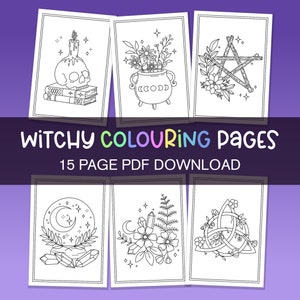 Paquete de páginas para colorear de brujas 1, paquete de páginas para colorear de brujas, páginas para colorear de Wiccan, página para colorear para adultos imprimible, páginas para colorear mágicas