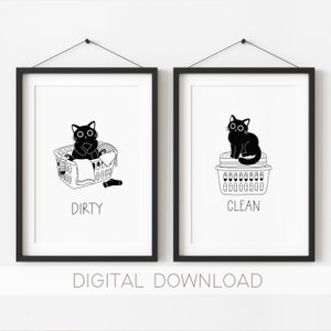 May include: Two black and white illustrations of a cat in a laundry basket. The first image shows a cat sitting in a basket of dirty laundry with the word "Dirty" below. The second image shows a cat sitting on top of a basket of clean laundry with the word "Clean" below.
