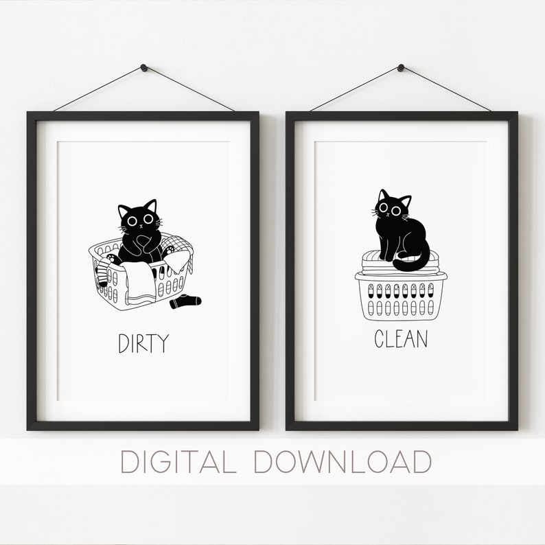 May include: Two black and white illustrations of a cat in a laundry basket. The first image shows a cat sitting in a basket of dirty laundry with the word "Dirty" below. The second image shows a cat sitting on top of a basket of clean laundry with the word "Clean" below.