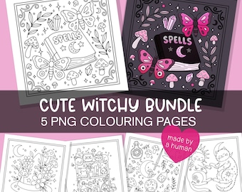 Cute Witchy Colouring Page Bundle -  Hand Drawn Witch Coloring Pages