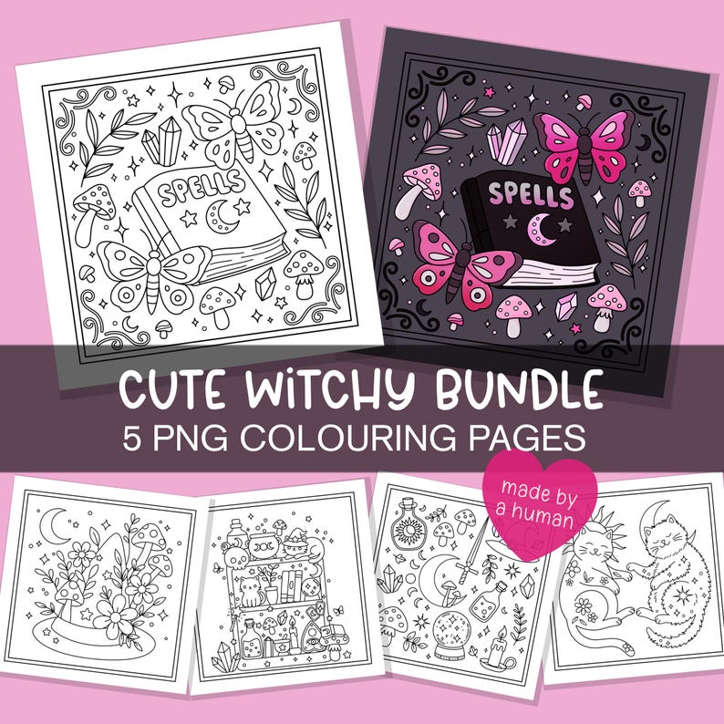 Puede incluir: Una colecci&oacute;n de cinco p&aacute;ginas para colorear con tem&aacute;tica de brujas. Las p&aacute;ginas presentan ilustraciones de mariposas, setas, cristales y libros de hechizos. El texto "CUTE WITCHY BUNDLE" y "5 PNG COLOURING PAGES" es visible.